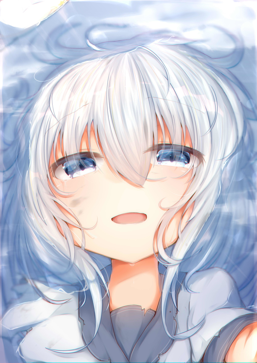 1girl absurdres blue_eyes commentary_request hammer_and_sickle hat hat_removed headwear_removed hibiki_(kantai_collection) highres kantai_collection looking_at_viewer open_mouth partially_submerged silver_hair solo sorahachi_(sora823) tears torn_clothes upper_body verniy_(kantai_collection) water