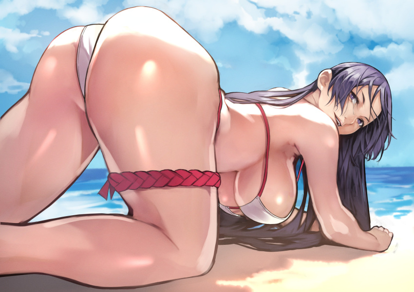 1girl 55level absurdres ass bikini breasts cloud cloudy_sky fate/grand_order fate_(series) hanging_breasts highres huge_breasts long_hair looking_back minamoto_no_raikou_(fate/grand_order) minamoto_no_raikou_(swimsuit_lancer)_(fate) ocean purple_eyes purple_hair sky solo swimsuit thigh_strap water