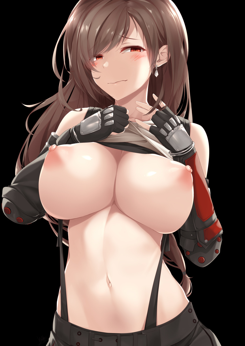 1girl absurdres bare_shoulders belt black_background black_gloves black_skirt blush breasts brown_hair cleavage closed_mouth earrings final_fantasy final_fantasy_vii fingerless_gloves gauntlets gloves hands_up highres jewelry kana616 large_breasts long_hair looking_at_viewer navel nipples no_bra red_eyes shirt shirt_lift sidelocks signature simple_background skirt sleeveless sleeveless_shirt solo stomach suspenders tifa_lockhart upper_body wavy_mouth white_shirt