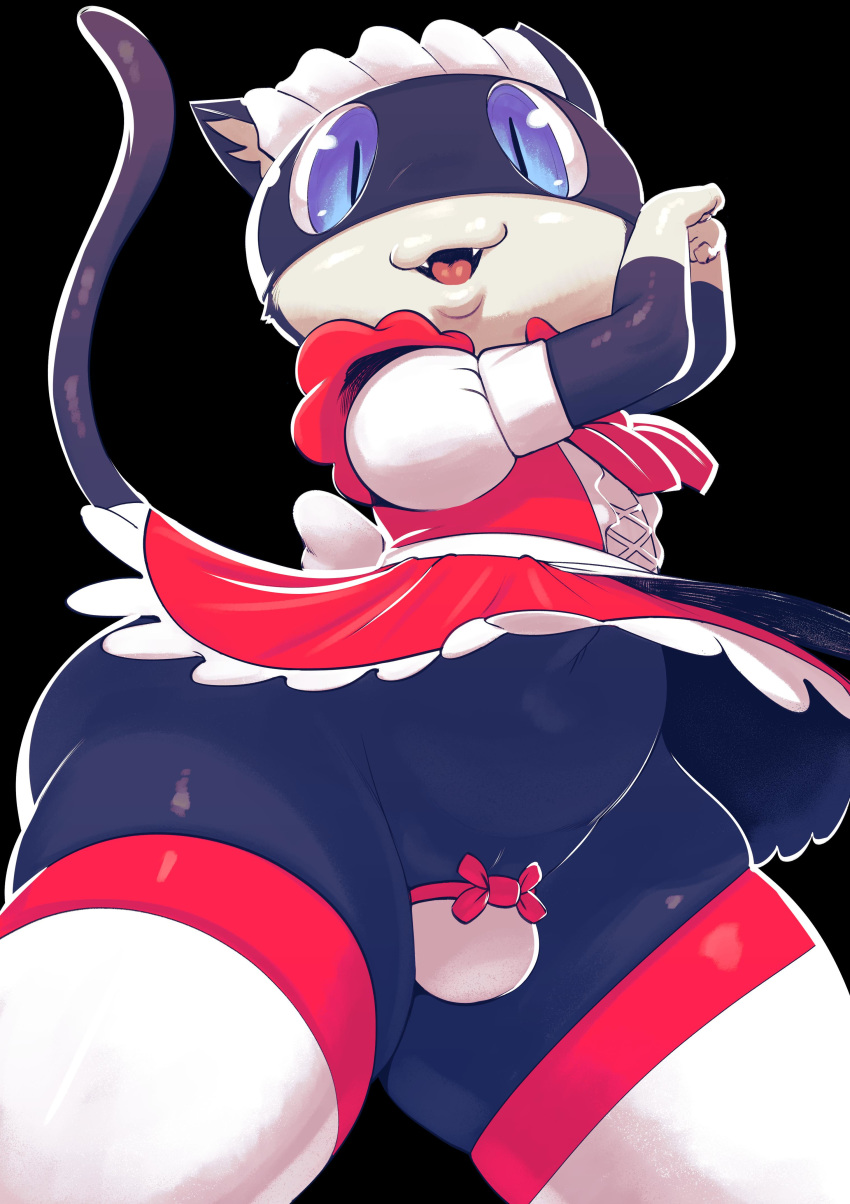 2019 absurd_res accessory anthro atlus black_fur blue_eyes bulge butt clothed clothing crossdressing digital_media_(artwork) domestic_cat felid feline felis fur hi_res looking_at_viewer low-angle_view maid_uniform male mammal megami_tensei morgana_(persona) open_mouth penis_accessory penis_bow penis_ribbon persona pink_bow pink_ribbon ribbons sharp_teeth simple_background smile solo sqoon teeth tongue underwear uniform video_games