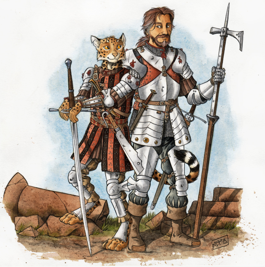 0laffson 2019 5_fingers anthro armor barefoot beard brown_hair cheetah clothed clothing digitigrade enorach_(0laffson) facial_hair felid feline hair hi_res holding_object holding_weapon human lars_(0laffson) mammal melee_weapon orange_eyes sword weapon