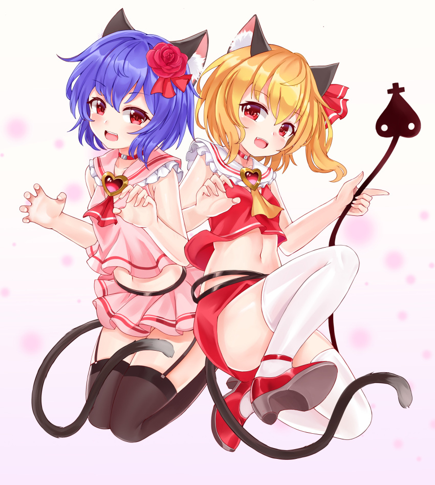 2girls adapted_costume animal_ear_fluff animal_ears ascot bangs bare_arms bare_shoulders black_legwear blonde_hair blue_hair breasts brooch bushi_(1622035441) cat_ears cat_tail choker claw_pose commentary_request crop_top eyebrows_visible_through_hair fang flandre_scarlet flower frilled_shirt_collar frills garter_straps gradient gradient_background hair_flower hair_ornament hair_ribbon high_heels highres jewelry kemonomimi_mode laevatein looking_at_viewer midriff miniskirt multiple_girls navel no_hat no_headwear one_side_up pencil_skirt pink_background pink_sailor_collar pink_shirt pink_skirt pleated_skirt red_choker red_eyes red_flower red_footwear red_neckwear red_ribbon red_rose red_skirt red_vest remilia_scarlet ribbon rose sailor_collar seiza shirt short_hair siblings sisters sitting skirt skirt_set sleeveless sleeveless_shirt small_breasts tail thighhighs thighs touhou vest white_background white_legwear yellow_neckwear zettai_ryouiki