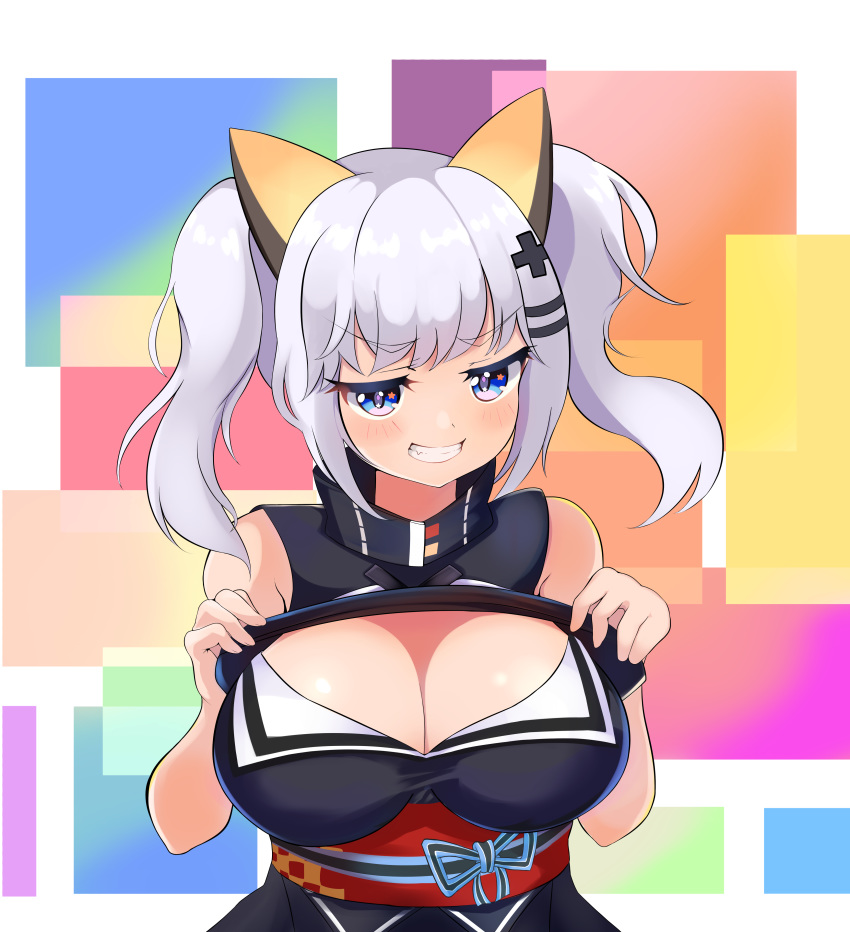 1girl absurdres bangs bare_arms bare_shoulders blush breasts cleavage commentary_request dress eyebrows_visible_through_hair grin half-closed_eyes highres kaguya_luna large_breasts lifted_by_self looking_at_viewer moneko1107 multicolored multicolored_background pixelated silver_hair sleeveless sleeveless_dress smile solo star star_in_eye symbol_in_eye the_moon_studio translation_request upper_body v-shaped_eyebrows virtual_youtuber