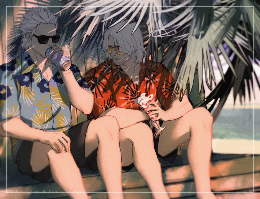 2boys alternate_costume aviator_sunglasses beach bottle brothers can dante_(devil_may_cry) dappled_sunlight day devil_may_cry devil_may_cry_5 dong_jian drink drinking eyebrows_visible_through_hair facial_hair food fruit hair_pulled_back hawaii hawaiian_shirt highres holding holding_can ice_cream looking_at_another multiple_boys nature outdoors parfait pepsi shade shirt short_hair short_sleeves shorts siblings sitting sitting_on_object soda soda_can spoon spoon_in_mouth strawberry sundae sunglasses sunlight tree tree_shade vergil whipped_cream white_hair