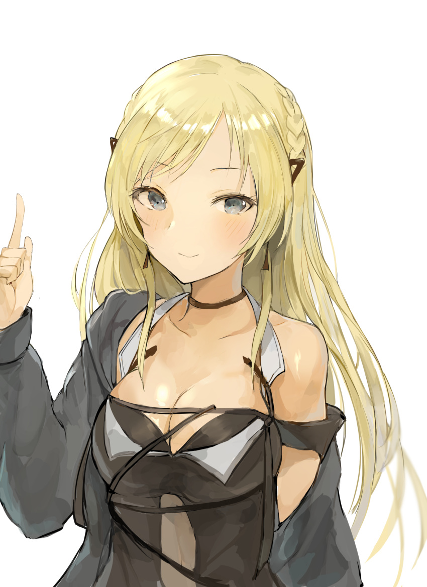 1girl blonde_hair braid breasts chan1moon cleavage earrings eyebrows_visible_through_hair french_braid girls_frontline grey_eyes highres jacket jewelry k5_(girls_frontline) medium_breasts open_clothes open_jacket pointing solo