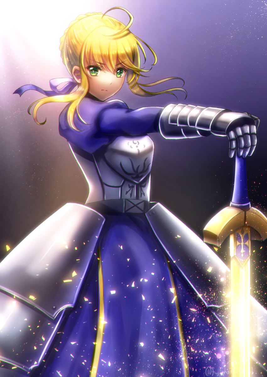 1girl absurdres ahoge armor armored_dress artoria_pendragon_(all) blonde_hair blue_dress blue_ribbon closed_mouth cowboy_shot dress excalibur eyebrows_visible_through_hair fate/stay_night fate_(series) faulds fujimori_shiki gauntlets green_eyes hair_between_eyes hair_ribbon hand_on_hilt highres long_dress looking_at_viewer ribbon saber short_hair_with_long_locks sidelocks solo standing sword weapon