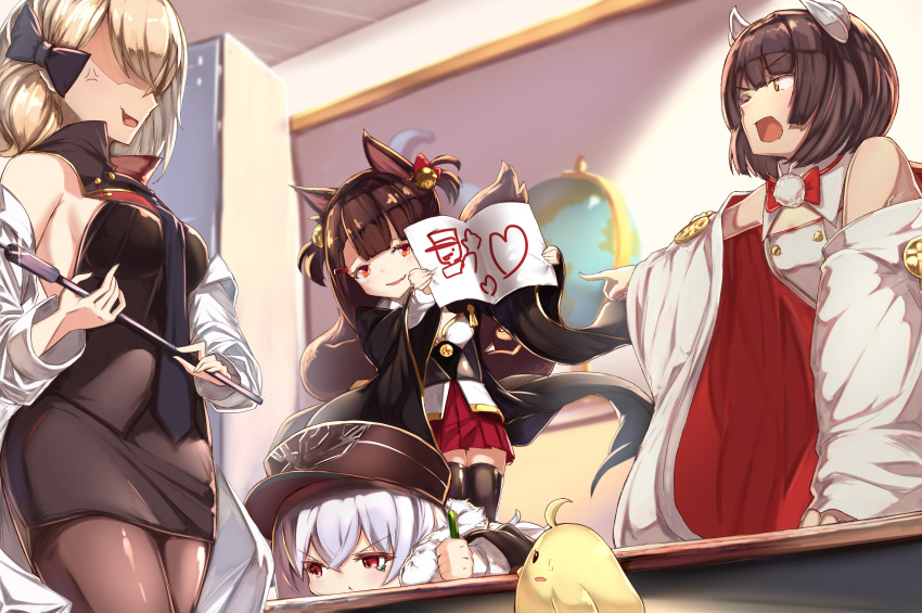 4girls absurdres ahoge akagi-chan_(azur_lane) anger_vein angry animal_ears azur_lane bangs bare_shoulders bell blonde_hair blunt_bangs brown_hair cape commentary_request double-breasted drawing eyebrows_visible_through_hair fox_ears fox_tail fur-trimmed_cape fur_trim globe hair_bell hair_ornament hat hiei-chan_(azur_lane) highres holding holding_pen holding_picture horns indoors jacket_on_shoulders japanese_clothes karakushi kimono kyuubi long_sleeves manjuu_(azur_lane) military_hat multiple_girls multiple_tails pen pleated_skirt pout red_eyes short_hair short_kimono short_twintails skirt smile smug tail tearing_up twintails white_hair wide_sleeves yellow_eyes z23_(azur_lane) zeppelin-chan_(azur_lane)