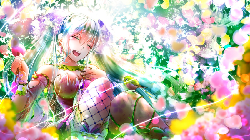 1girl :d blue_hair breasts choker cleavage closed_eyes detached_sleeves earrings eyebrows_visible_through_hair floating_hair hair_between_eyes hatsune_miku heart_cutout holding jewelry long_hair long_sleeves medium_breasts open_mouth shigemu_room smile solo spring_(season) strapless very_long_hair vocaloid white_legwear