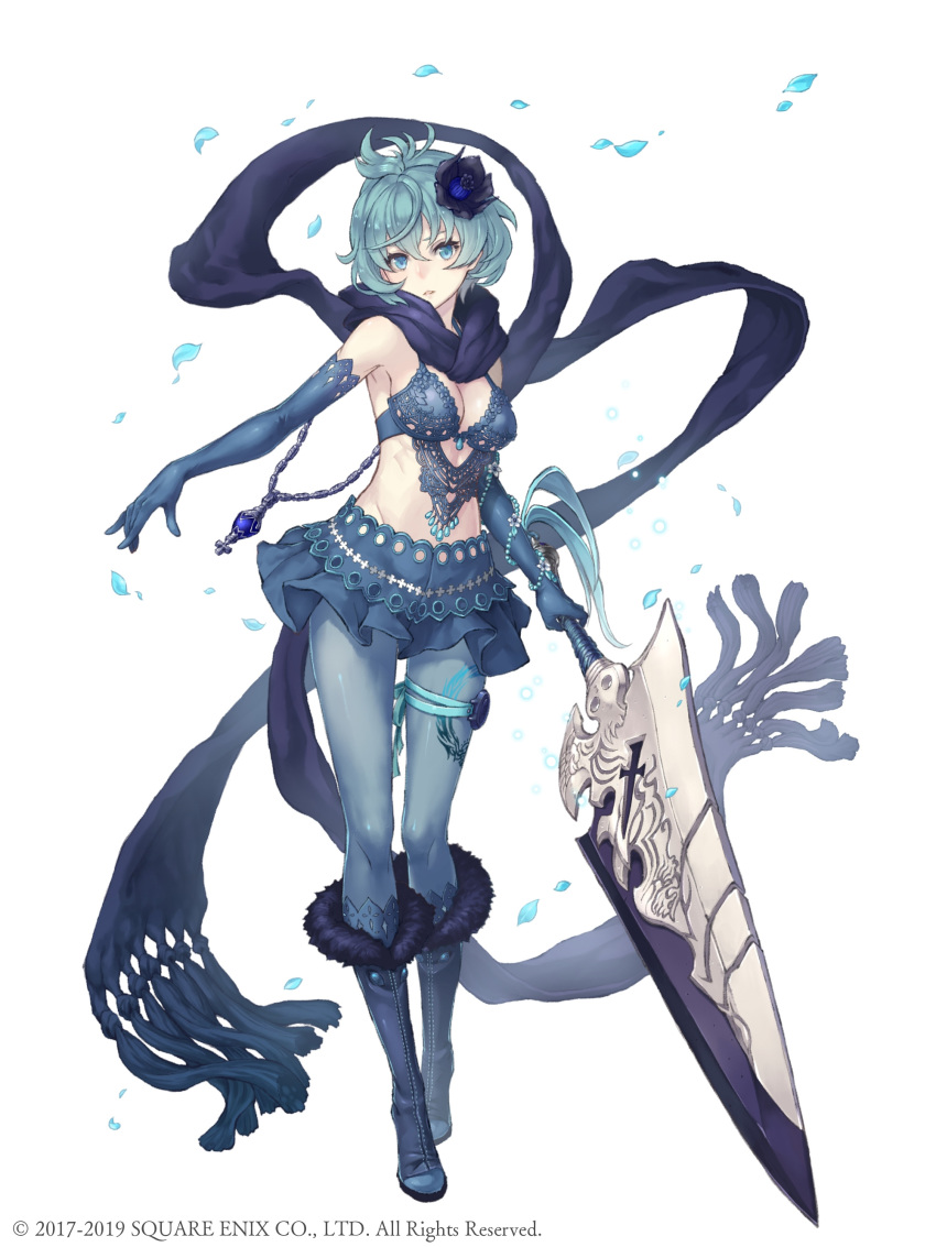 1girl absurdres aqua_hair beads blue_eyes boots drag-on_dragoon drag-on_dragoon_3 elbow_gloves flower full_body fur_trim gem gloves hair_flower hair_ornament highres ji_no looking_at_viewer official_art parted_lips petals revealing_clothes scarf short_hair sinoalice skirt solo square_enix sword thigh_strap two_(drag-on_dragoon) weapon white_background