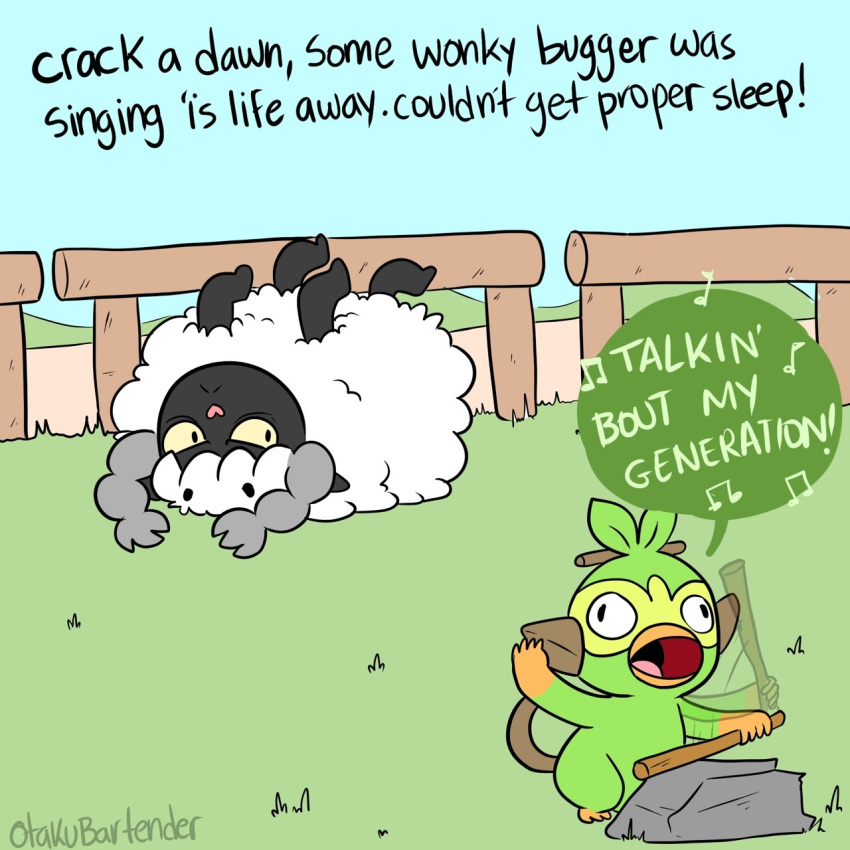 1:1 accent bovid caprine comic dialogue disgruntled english_text grass grookey hi_res mammal monkey nintendo otakubartender pok&eacute;mon pok&eacute;mon_(species) primate profanity sheep text video_games wooloo