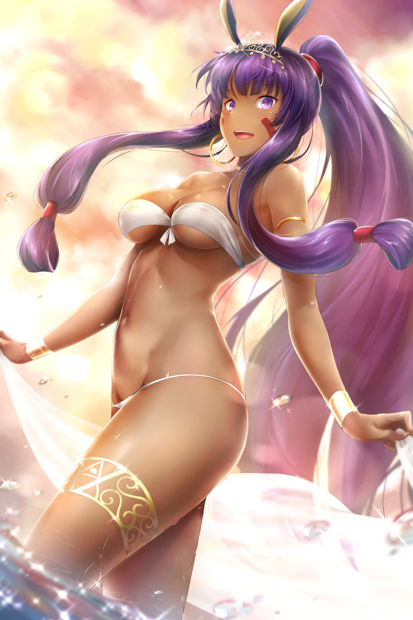 1girl :d absurdres animal_ears armlet bandeau bangs bikini blush bracer breasts choker dark_skin earrings eyebrows_visible_through_hair facial_mark fate/grand_order fate_(series) floating_hair glint gold hairband highres hoop_earrings huge_filesize impossible_clothes impossible_swimsuit jackal_ears jewelry large_breasts long_hair looking_at_viewer medium_breasts nitocris_(fate/grand_order) open_mouth outdoors paid_reward patreon_reward purple_eyes purple_hair rei_kun sidelocks smile solo strapless strapless_bikini sunset swimsuit tan thighlet tiara very_long_hair wading white_bikini
