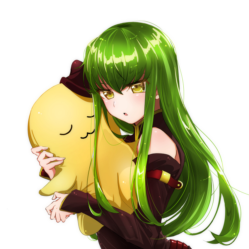 1girl absurdres bangs black_sleeves bouquetforangel c.c. cheese-kun code_geass detached_sleeves green_hair hair_between_eyes highres long_hair long_sleeves open_mouth shiny shiny_hair simple_background solo straight_hair upper_body very_long_hair white_background yellow_eyes