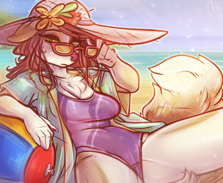 2019 anthro beach blush breasts brown_fur brown_hair camel_toe canid canine canis clothed clothing dimmi_(character) dimwitdog domestic_dog eyewear female fur glasses hair hi_res mammal one-piece_swimsuit outside seaside solo swimwear water