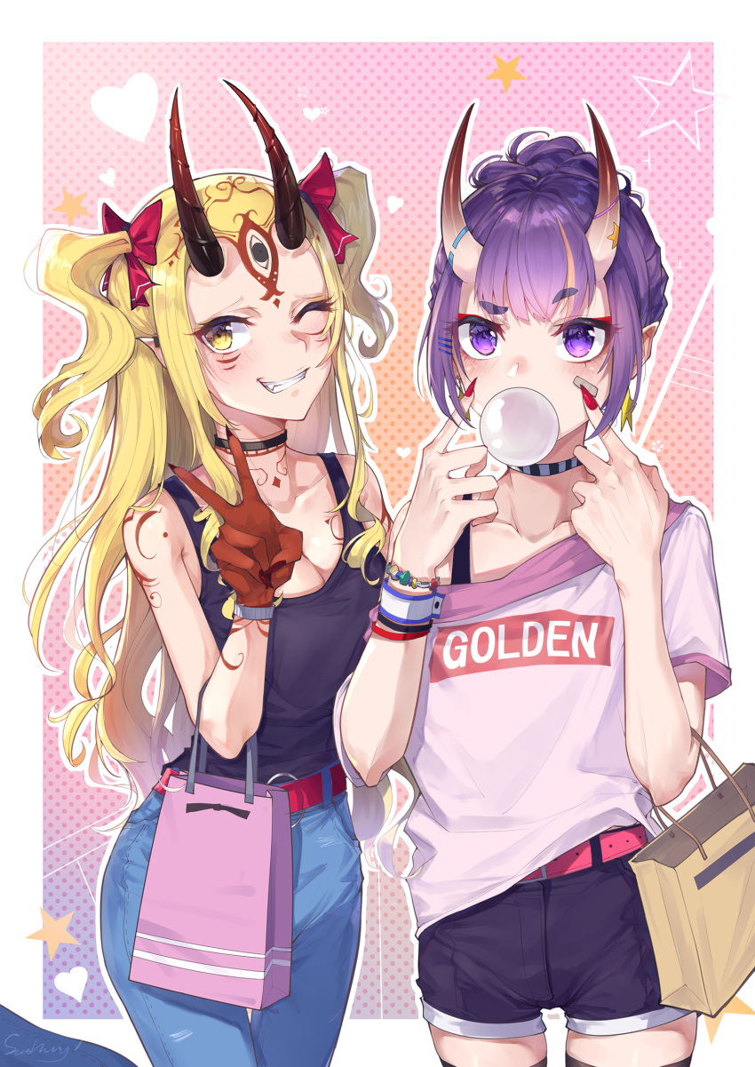 2girls bag belt black_horns black_shirt blonde_hair blush breasts casual chewing_gum cleavage commentary_request denim eyebrows_visible_through_hair facial_mark fate/grand_order fate_(series) fingernails flat_chest grin highres horns ibaraki_douji_(fate/grand_order) jeans kaer_sasi_dianxia large_breasts long_hair multiple_girls oni_horns pants pink_belt ponytail purple_hair red_belt red_nails sharp_fingernails shirt short_shorts shorts shuten_douji_(fate/grand_order) smile sweater twintails v white_sweater