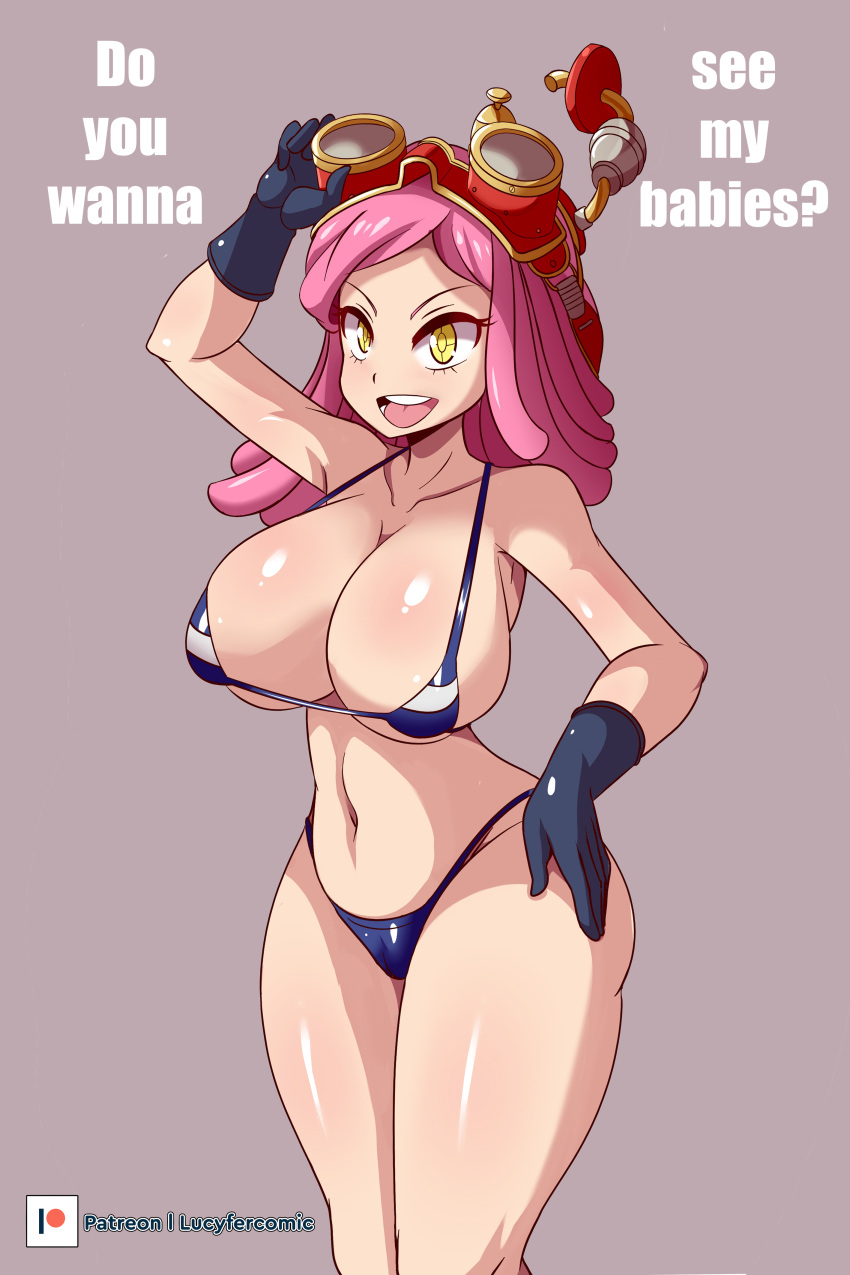 1girl absurdres bare_shoulders bikini blue_bikini boku_no_hero_academia breasts crosshair_pupils gloves goggles goggles_on_head hatsume_mei highres large_breasts open_mouth patreon_username pink_hair shiny shiny_skin simple_background solo swimsuit yellow_eyes zanatemx