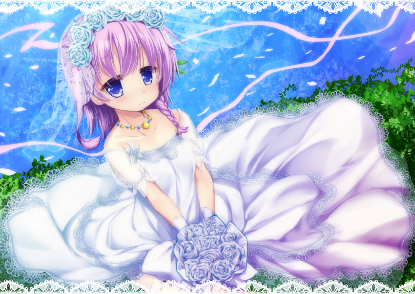 1girl bare_shoulders blue_flower blue_rose bouquet braid bride closed_mouth collarbone dress flower flower_knight_girl full_body hair_flower hair_ornament holding holding_bouquet izumi_yukiru jewelry kneeling looking_at_viewer necklace purple_eyes purple_hair rose short_hair smile solo strapless strapless_dress teppouyuri_(flower_knight_girl) veil wedding_dress white_dress white_flower white_rose