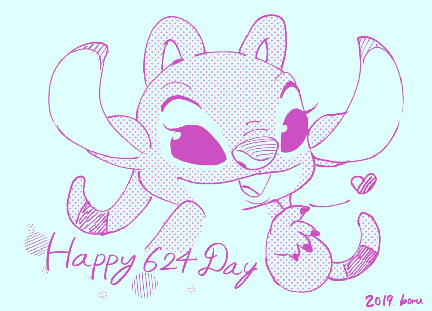 &lt;3 2019 4_fingers alien angel_(lilo_and_stitch) antennae_(anatomy) blowing_kiss boreuben disney english_text experiment_(species) eyebrows eyelashes halftone lilo_and_stitch looking_at_viewer open_mouth open_smile signature simple_background sketch smile solo text