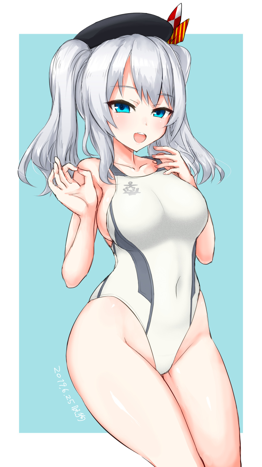 1girl beret black_headwear blue_background blue_eyes border breasts commentary_request competition_swimsuit covered_navel dakku_(ogitsune) groin hat highleg highleg_swimsuit highres kantai_collection kashima_(kantai_collection) large_breasts looking_at_viewer one-piece_swimsuit sidelocks silver_hair solo swimsuit twintails two-tone_background wavy_hair white_border white_swimsuit