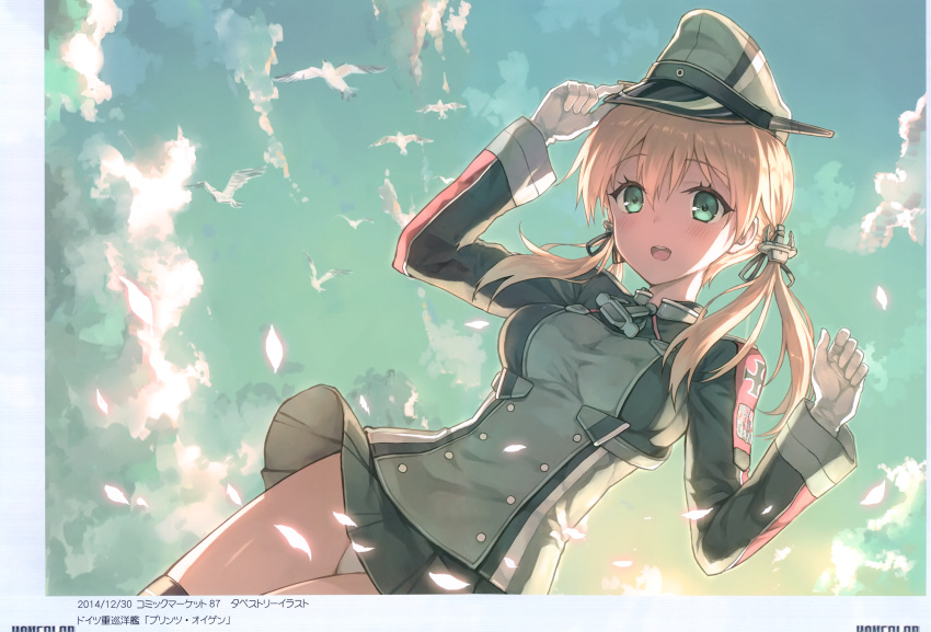 1girl absurdres adjusting_clothes adjusting_hat anchor_hair_ornament arm_up bird black_legwear blonde_hair blush cowboy_shot day gloves green_eyes hair_ornament hat highres hiten_(hitenkei) huge_filesize iron_cross kantai_collection long_hair long_sleeves military military_uniform open_mouth panties pantyshot pantyshot_(standing) peaked_cap prinz_eugen_(kantai_collection) scan seagull skirt skirt_lift sky smile solo standing thighhighs twintails underwear uniform white_gloves white_panties wind wind_lift