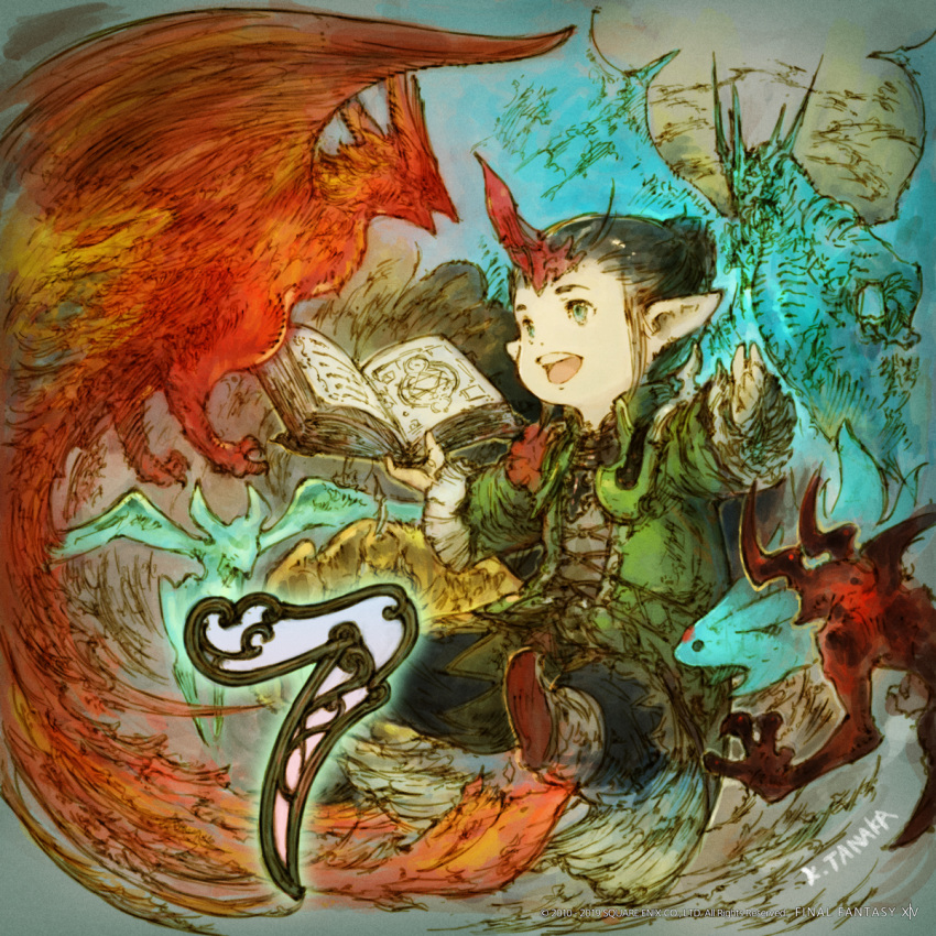 1other androgynous artist_name baggy_pants bahamut_(final_fantasy) bird black_hair book coat copyright copyright_name countdown dragon final_fantasy final_fantasy_xiv green_eyes hair_bun highres holding holding_book horn lalafell long_sleeves looking_at_another number official_art open_mouth outstretched_arms pants phoenix phoenix_(final_fantasy) pointy_ears shoes sidelocks smile spread_arms summoner_(final_fantasy) upper_teeth