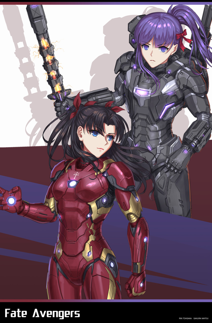 2girls absurdres asymmetrical_bangs avengers bangs blue_eyes brilliant_naraku brown_hair cosplay cowboy_shot fate/stay_night fate_(series) hair_ribbon highres iron_man iron_man_(cosplay) looking_at_viewer looking_to_the_side matou_sakura multiple_girls ponytail power_armor purple_eyes purple_hair ribbon serious toosaka_rin war_machine war_machine_(cosplay)