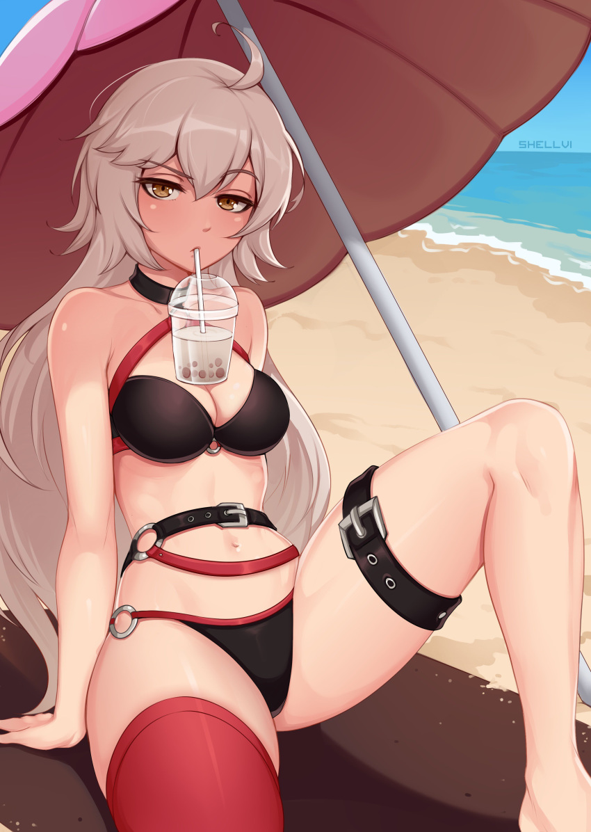 1girl absurdres ahoge arm_support artist_name beach belt bikini black_belt black_bikini black_choker breasts bubble_tea bubble_tea_challenge choker cleavage drinking_straw eyebrows_visible_through_hair fate/grand_order fate_(series) hair_between_eyes halter_top halterneck highres jeanne_d'arc_(alter_swimsuit_berserker) jeanne_d'arc_(fate)_(all) large_breasts long_hair looking_at_viewer navel o-ring o-ring_bikini o-ring_bottom o-ring_top ocean raised_eyebrow red_legwear shellvi silver_hair single_thighhigh sitting solo swimsuit thigh_strap thighhighs umbrella very_long_hair yellow_eyes
