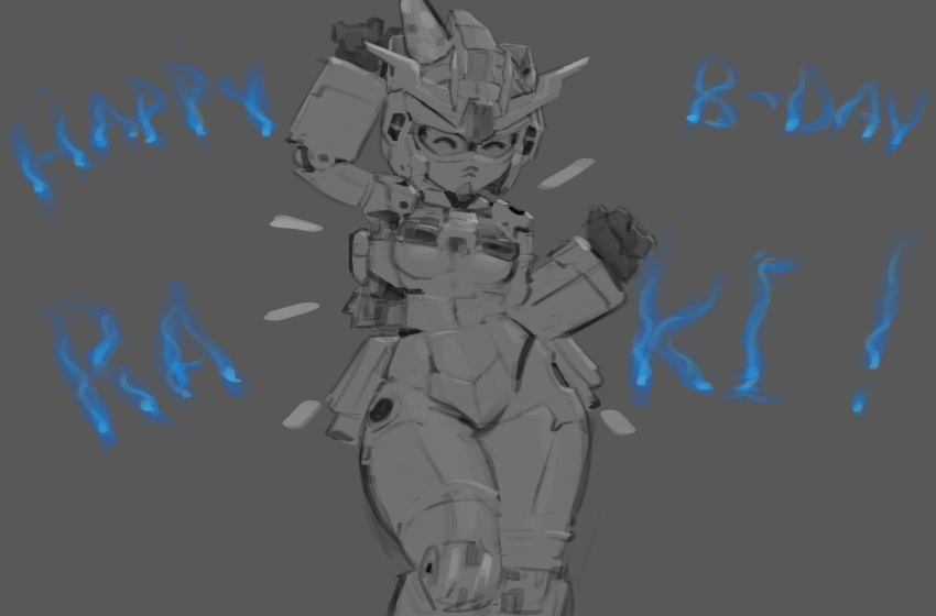 biped breasts dancing digital_media_(artwork) eyes_closed female grey_background gundam hi_res humanoid machine metallic_body monochrome napalm_express portrait robot signature simple_background solo text three-quarter_portrait wide_hips