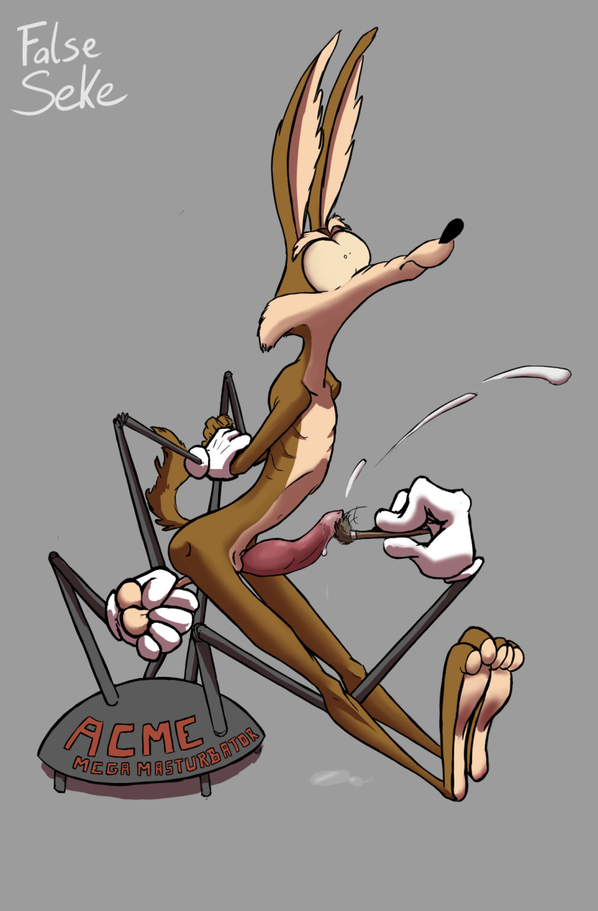 acme ahegao animal_genitalia animal_penis anthro ballbusting bdsm bodily_fluids bondage bound brush butt canid canine canis cock_and_ball_torture coyote cum cumshot ejaculation falseseke fucking_machine genital_fluids genital_torture grey_background hi_res knot looking_pleasured looney_tunes machine mammal masturbation orgasm paws penis ribs simple_background solo submissive_male tickling tickling_penis warner_brothers wile_e._coyote
