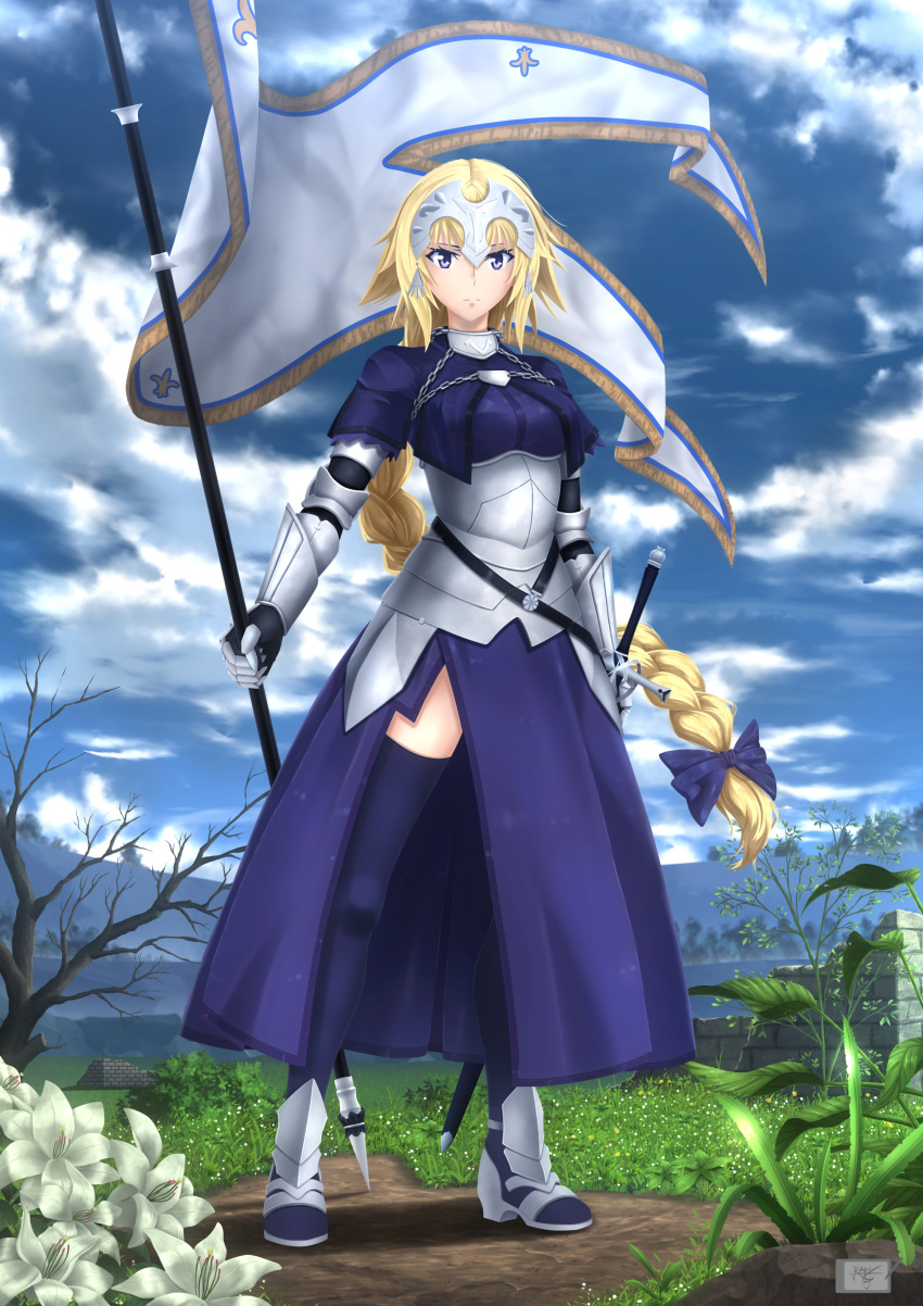 1girl absurdres armor bare_tree blonde_hair blue_bow blue_sky bow chain cloud dirt_road expressionless fate/apocrypha fate_(series) fleur_de_lis flower flower_request grass headphones highres jeanne_d'arc_(fate) jeanne_d'arc_(fate)_(all) long_braid purple_eyes ruins satyarizqy sky solo standard_bearer sword thighhighs thighs tree weapon
