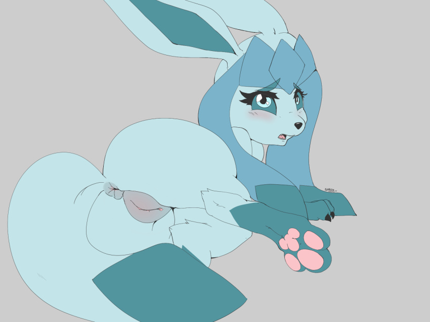 2019 4:3 alesarox anus big_butt blush butt cute_face eeveelution female glaceon hi_res humanoid_pussy nintendo pawpads pok&eacute;mon pok&eacute;mon_(species) presenting pussy video_games