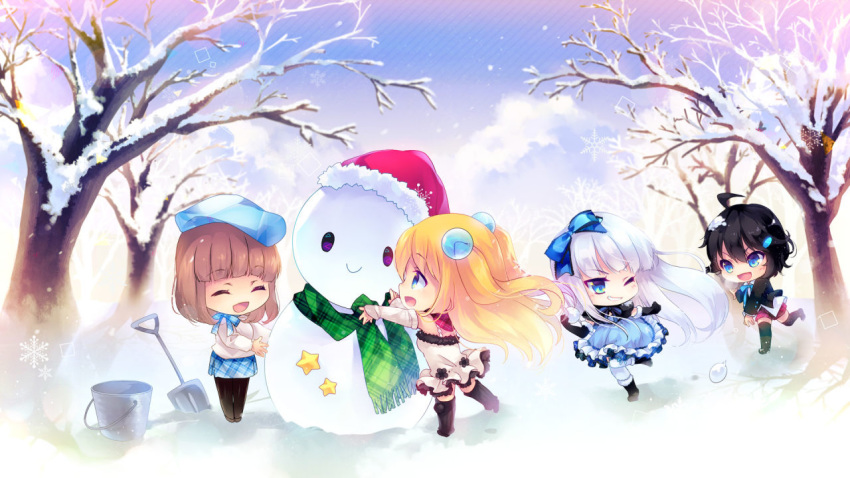 4girls :d ^_^ ahoge aizawa_aoi aizawa_hikaru aizawa_rei aizawa_yuu_(microsoft) arm_warmers bare_tree beret black_gloves black_hair black_legwear blonde_hair blue_eyes boots bow brown_hair bucket chibi closed_eyes dress elbow_gloves gloves grin hair_bobbles hair_bow hair_ornament hair_ribbon hairclip hat leg_warmers merry_christmas microsoft multiple_girls one_eye_closed open_mouth pantyhose plaid plaid_scarf plaid_shorts plaid_skirt ribbon santa_hat scarf shinia short_hair shorts shovel silver_hair skirt smile snow snowball snowball_fight snowflakes snowman thighhighs tree two_side_up v-shaped_eyebrows