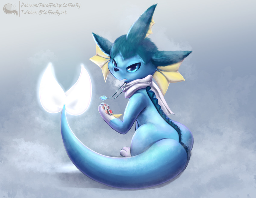 ambiguous_gender blue_eyes coffeefly eeveelution feral fog gem glowing jewelry necklace nintendo pok&eacute;mon pok&eacute;mon_(species) scarf simple_background sitting solo vaporeon video_games