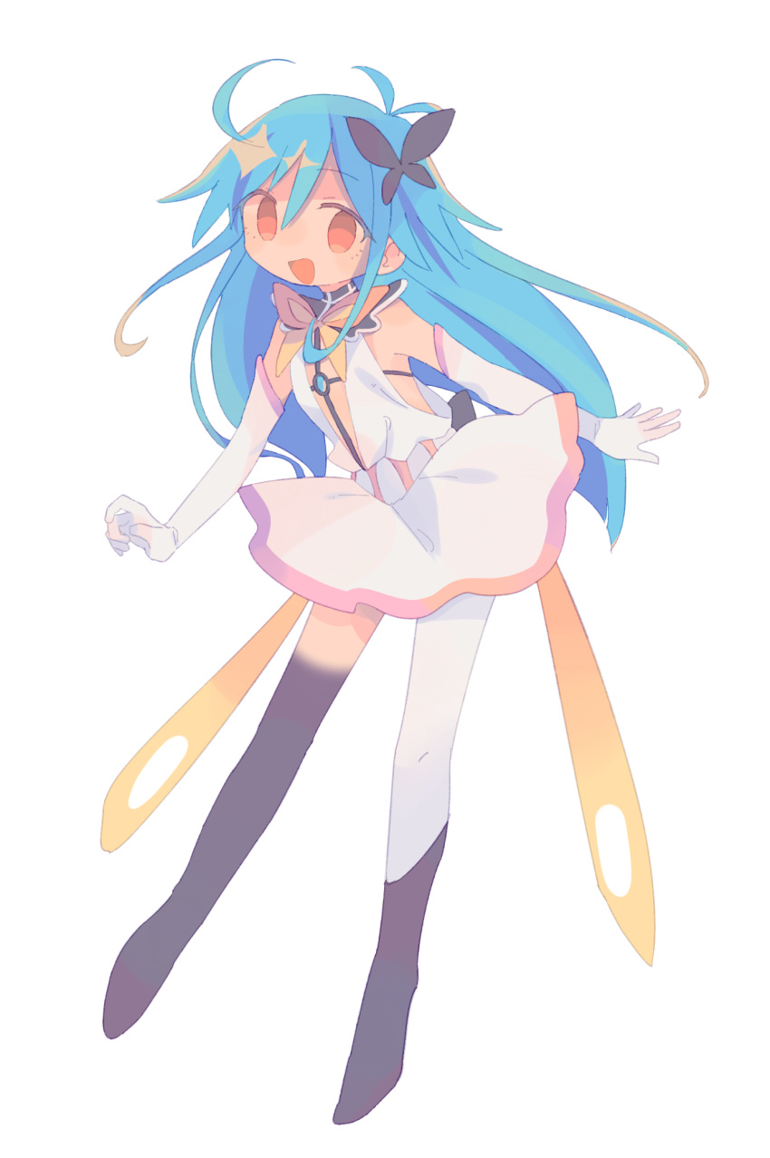 1girl :d asymmetrical_legwear blue_hair daizu_(melon-lemon) dress elbow_gloves flip_flappers from_side full_body gloves highres long_hair looking_at_viewer magical_girl no_nose open_mouth papika_(flip_flappers) red_eyes simple_background sleeveless smile solo tareme white_gloves white_legwear