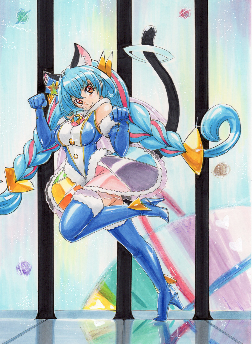 1girl absurdres aqua_hair boots brown_eyes cure_cosmo elbow_gloves gloves graphite_(medium) hayami_jin highres marker_(medium) mechanical_pencil multicolored_hair pencil pink_hair precure star_twinkle_precure thigh_boots thighhighs traditional_media