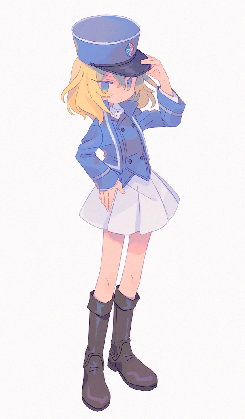 1girl absurdres adjusting_headwear bc_freedom_(emblem) bc_freedom_military_uniform blonde_hair blue_eyes boots brown_footwear daizu_(melon-lemon) emblem full_body girls_und_panzer grey_background hand_on_hip hat highres looking_at_viewer medium_hair oshida_(girls_und_panzer) pleated_skirt simple_background skirt solo standing tsurime uniform wavy_hair