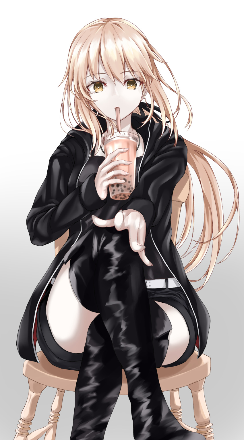 1girl absurdres artoria_pendragon_(all) black_footwear black_ribbon blonde_hair boots bubble_tea chair crossed_legs drinking_straw fate/grand_order fate_(series) fingernails grey_background hair_ribbon highres long_fingernails long_hair looking_at_viewer outstretched_arm ponytail raised_eyebrows ribbon saber_alter short_hair solo thigh_boots thighhighs thighs yellow_eyes yu_sa1126