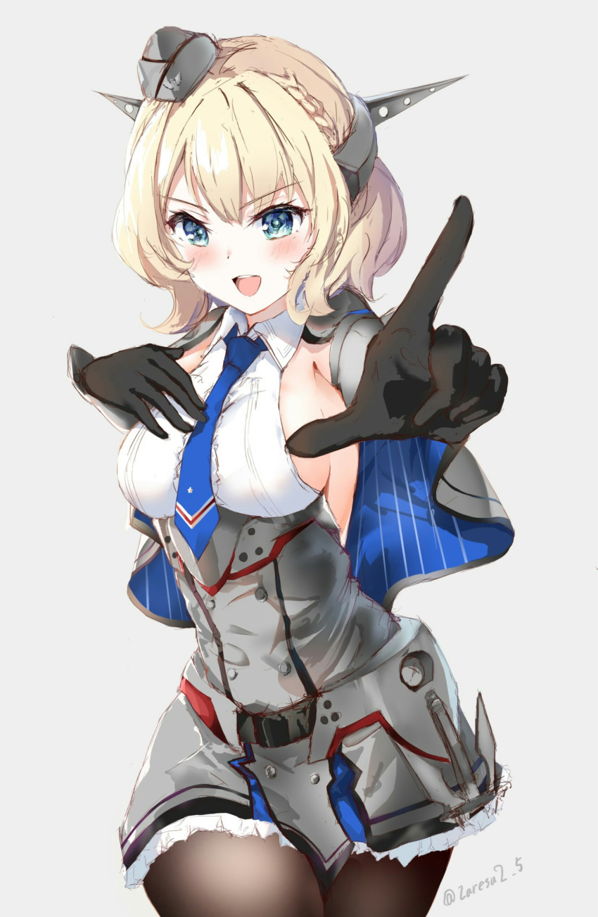 1girl absurdres black_gloves black_legwear blonde_hair blue_eyes blue_neckwear breasts capelet colorado_(kantai_collection) commentary_request dress elbow_gloves foreshortening garrison_cap gloves grey_background grey_dress hand_on_own_chest hat headgear highres kantai_collection large_breasts looking_at_viewer necktie open_mouth pantyhose pleated_dress pointing round_teeth shirt short_hair side_braids sideboob simple_background sleeveless smile solo teeth upper_teeth white_shirt zaresutii