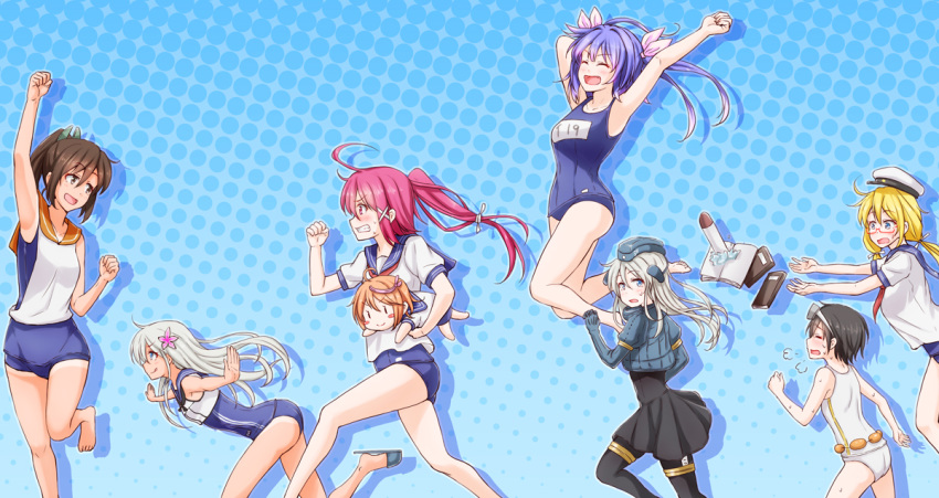 6+girls :d :p ahoge anti_(untea9) bangs bare_shoulders barefoot black_hair blonde_hair blue_eyes blue_hair blush blush_stickers book breasts brown_eyes brown_hair chibi closed_eyes closed_mouth collarbone commentary_request crop_top cropped_jacket diving_mask dual_persona eyebrows_visible_through_hair fang flotation_belt flower garrison_cap glasses hair_between_eyes hair_flower hair_ornament hair_ribbon hairclip hat holding i-168_(kantai_collection) i-19_(kantai_collection) i-401_(kantai_collection) i-58_(kantai_collection) i-8_(kantai_collection) kantai_collection large_breasts long_hair long_sleeves low_twintails maru-yu_(kantai_collection) military military_uniform multiple_girls name_tag one-piece_swimsuit one-piece_tan open_mouth orange_hair outstretched_arms pantyhose peaked_cap ponytail puffy_long_sleeves puffy_sleeves red-framed_eyewear red_hair ribbon ro-500_(kantai_collection) running sailor_collar sailor_hat school_swimsuit school_uniform semi-rimless_eyewear serafuku short_hair short_ponytail short_sleeves shorts simple_background smile standing swimsuit swimsuit_under_clothes tan tanline tongue tongue_out torpedo tri_tails twintails u-511_(kantai_collection) under-rim_eyewear uniform white_hair