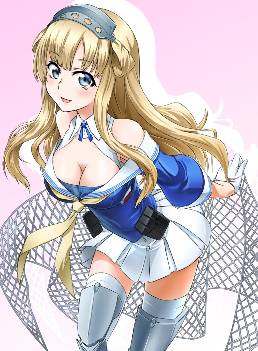 1girl akito_(sub707) blonde_hair blue_eyes blue_shirt breasts cargo_net cleavage commentary_request cowboy_shot double_bun fletcher_(kantai_collection) gloves gradient gradient_background hairband highres kantai_collection large_breasts leaning_forward long_hair looking_at_viewer neckerchief off_shoulder open_mouth pink_background pleated_skirt sailor_collar school_uniform serafuku shin_guards shirt skirt smile solo standing thighhighs white_gloves white_legwear white_sailor_collar white_skirt yellow_neckwear
