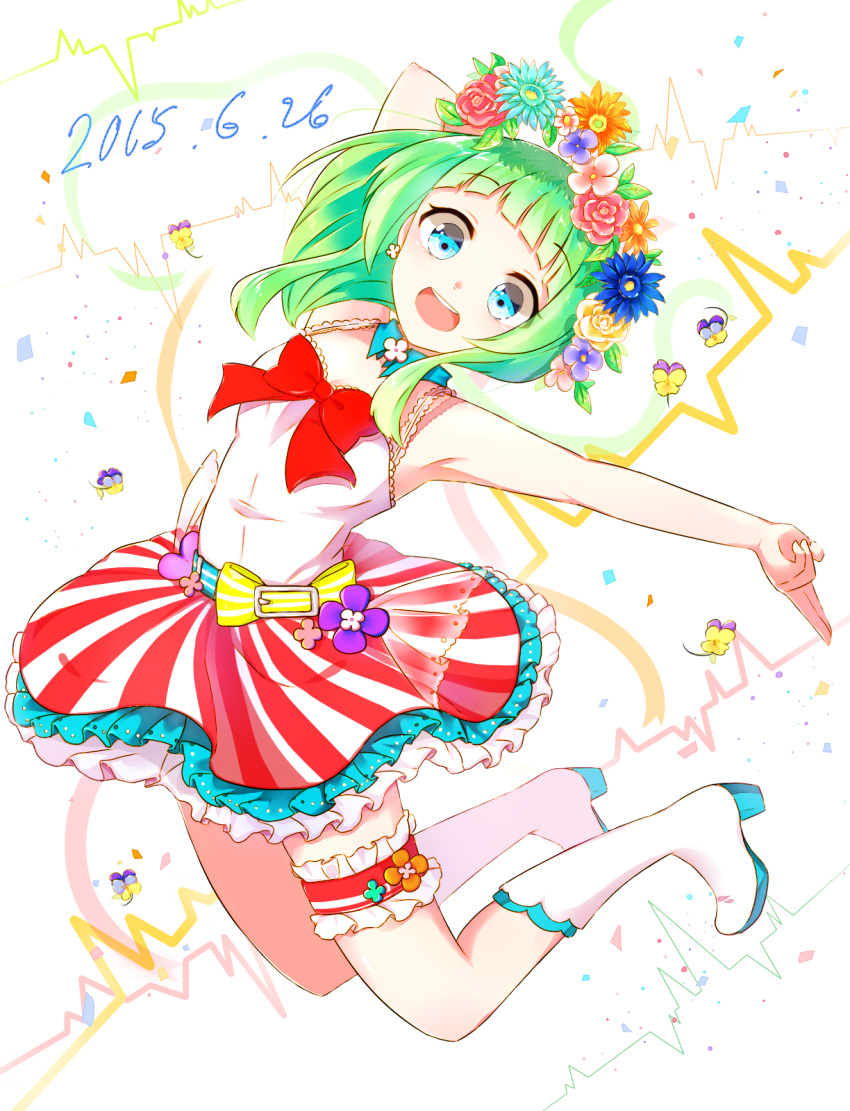 1girl 2015 :d aqua_flower armpits bare_arms bare_shoulders belt blue_eyes blue_flower boots breasts cleavage commentary_request confetti dated earrings eyebrows_visible_through_hair eyes_visible_through_hair flower frilled_skirt frills full_body green_hair gumi happy head_wreath heartbeat highres jewelry jumping leaf leg_garter looking_at_viewer open_mouth orange_flower outstretched_arms pink_flower pink_rose purple_flower red_ribbon ribbon rose shirt short_hair short_hair_with_long_locks simple_background skirt sleeveless sleeveless_shirt small_breasts smile solanikieru solo striped teeth upper_teeth vocaloid white_background white_footwear white_shirt yellow_flower