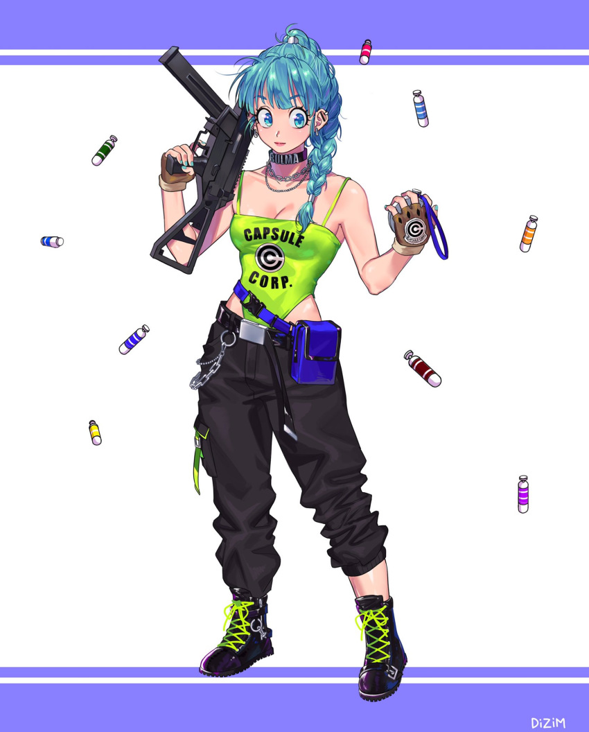 1girl alternate_costume belt black_choker black_footwear black_neckwear black_pants blue_eyes blue_hair blue_nails boots braid breasts brown_gloves bulma capsule capsule_corp carrying_over_shoulder chain chain_necklace character_name choker cleavage clothes_writing commentary dragon_ball ear_piercing earrings english_commentary english_text expressionless eyebrows_visible_through_hair eyelashes fanny_pack finger_on_trigger fingernails full_body gloves green_tank_top gun handgun highres holding holding_gun holding_weapon jewelry letterboxed looking_away medium_breasts necklace outside_border pants piercing radar shiny shiny_hair shiny_skin simple_background solo standing tank_top weapon white_background wide-eyed yuyurourou02