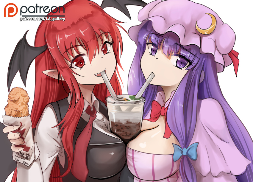 2girls black_vest blue_bow bow breasts capelet chicken_(food) cleavage collar commentary_request cup drink drinking eyebrows_visible_through_hair fang food hair_bow hat hat_ribbon head_wings highres holding holding_food koakuma large_breasts long_hair long_sleeves looking_at_viewer mob_cap multiple_girls namiki_(remiter00) necktie open_mouth patchouli_knowledge patreon_logo patreon_username pointy_ears purple_collar purple_eyes purple_hair red_bow red_eyes red_hair red_neckwear red_ribbon ribbon shirt simple_background smile touhou upper_body very_long_hair vest watermark white_background white_collar white_shirt