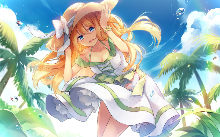 1girl aizawa_hikaru blonde_hair blue_eyes breasts cleavage cloud collarbone commentary_request day dress eyebrows eyebrows_visible_through_hair hair_between_eyes hands_on_headwear hat leaning_forward long_hair medium_breasts microsoft outdoors palm_tree ribbon shinia sky solo straw_hat sundress tree white_ribbon wind