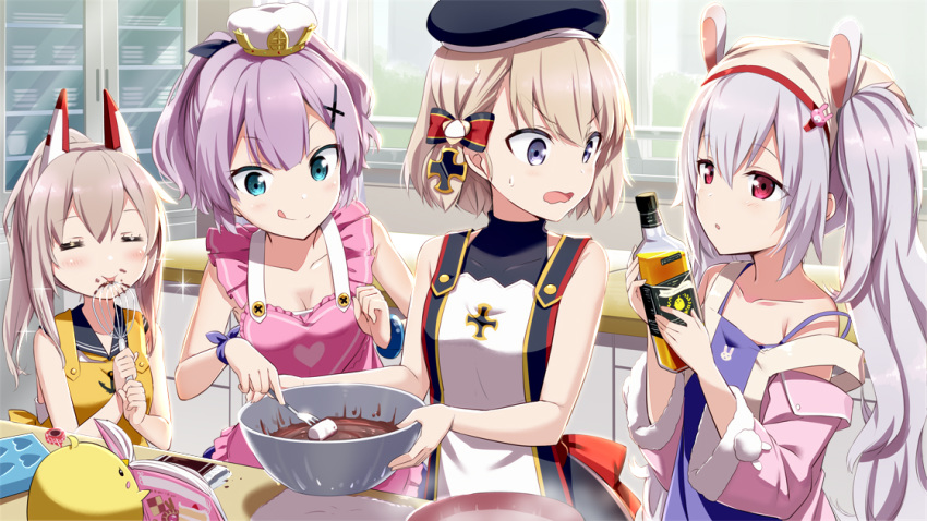 4girls :q alcohol anchor_symbol animal_ears apron ayanami_(azur_lane) azur_lane bangs black_dress black_ribbon blue_apron blush bottle bow breasts bunny_ears camisole chocolate chocolate_making cleavage closed_eyes cooking dress eyebrows_visible_through_hair fake_animal_ears food gochou_(atemonai_heya) green_eyes hair_between_eyes hair_bow hair_ornament hair_ribbon hairband hat headgear heart high_ponytail holding holding_bottle iron_cross jacket javelin_(azur_lane) laffey_(azur_lane) licking light_brown_hair long_hair looking_to_the_side marshmallow mini_hat mixing_bowl multiple_girls official_art open_clothes open_jacket open_mouth parted_lips pink_apron ponytail purple_eyes purple_hair red_eyes red_hairband ribbon short_hair silver_hair sleeveless sleeveless_dress smile surprised tongue tongue_out twintails valentine very_long_hair whisk white_apron white_headwear yellow_apron z23_(azur_lane)