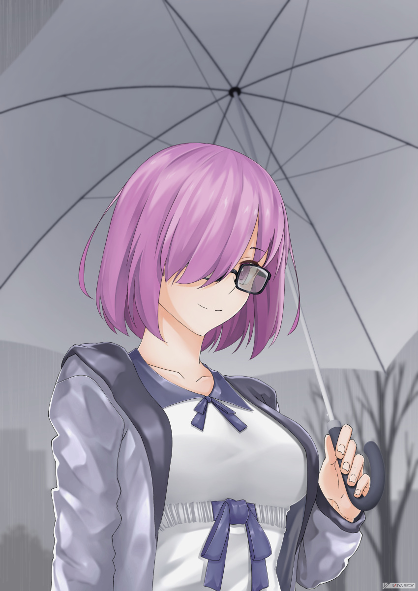 1girl absurdres fate/grand_order fate_(series) hair_over_one_eye highres hood hoodie looking_at_viewer mash_kyrielight purple_eyes purple_hair rain satyarizqy short_hair smile solo umbrella upper_body