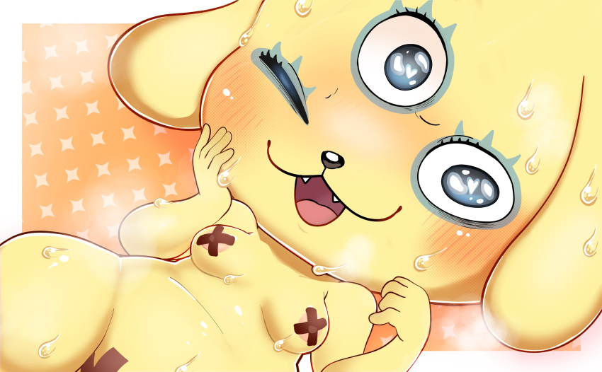 &lt;3 &lt;3_eyes 2019 3_eyes 5_fingers absurd_res alternate_version_at_source anthro areola asian_mythology black_nose blue_eyes blush bodily_fluids breasts canid canine canis clothed clothing digital_media_(artwork) domestic_dog espy_(yo-kai_watch) eyelashes eyeshadow fangs female floppy_ears hand_on_cheek hi_res looking_at_viewer lying makeup mammal multi_eye mythology nipple_tape on_back one_eye_closed open_mouth pasties pussy_tape short_stack skimpy smile solo spirit steam sweat tape thick_thighs tongue uyu video_games wide_hips yo-kai_watch