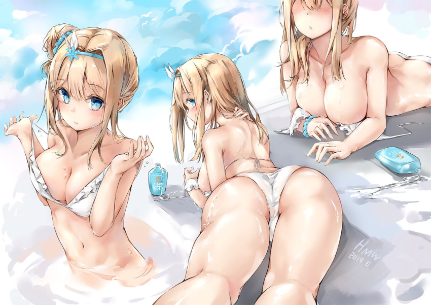 1girl artist_name ass bangs bare_arms bare_shoulders bikini blue_eyes blue_sky breasts brown_hair bunny_hair_ornament cleavage collarbone commentary_request dated day frilled_bikini frills girls_frontline hair_bun hair_ornament hairband hands_up hmw_(pixiv7054584) large_breasts long_hair looking_at_viewer lotion lying multiple_views navel on_stomach parted_lips revision scrunchie shampoo_bottle side_bun sidelocks sky snowflake_hair_ornament stomach strap_pull sunscreen suomi_kp31_(girls_frontline) swimsuit thighs untied untied_bikini water white_bikini wrist_scrunchie