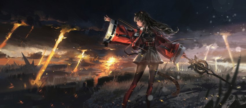 animal_ears arknights clouds grass pantyhose skyfire_(arknights) weapon yingyi_xsu