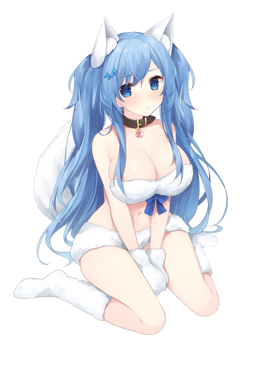1girl alternate_hairstyle animal_ear_fluff animal_ears bare_arms bare_legs bare_shoulders between_legs blue_bow blue_eyes blue_hair blush bow breasts cleavage closed_mouth collar emori_miku emori_miku_project fox_ears fox_tail full_body gloves hair_ornament hairclip heart highres kemonomimi_mode large_breasts long_hair looking_at_viewer midriff miko_92 navel paw_gloves paws simple_background sitting socks solo stomach tail thighs twintails v_arms very_long_hair wariza white_background white_legwear