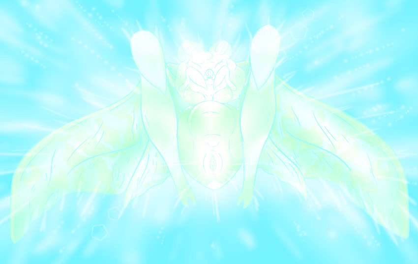 2019 absurd_res antennae_(anatomy) arthropod arthropod_abdomen arthropod_abdomen_genitalia arthropod_abdomen_pussy big_breasts blush bodily_fluids breasts digital_media_(artwork) explosion female fluffy glowing green_eyes hi_res insect kaiju lepidopteran light long_legs looking_at_viewer lying mandibles mature_female moth mothra mothra_(series) multi_leg multi_limb non-mammal_breasts nude open_mouth presenting pussy simple_background solo spread_legs spreading steam stinger sweat thorax_(body_part) toho wings